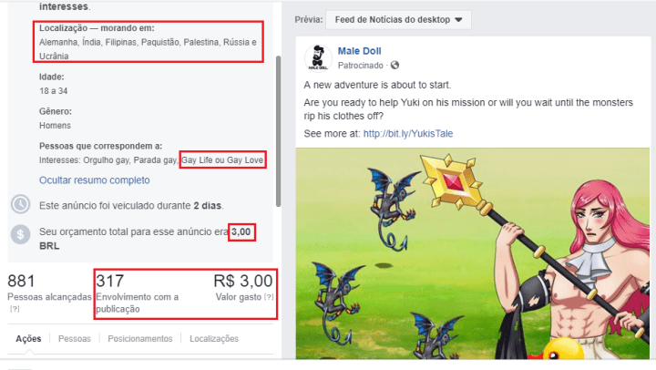 Print da campanha realizada no facebook mostrando 317 envolvimentos e 3 reais gastos