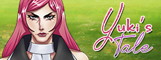 Menino com cabelo rosa a esquerda, logo yuki's tale a direita, campo verde ao fundo