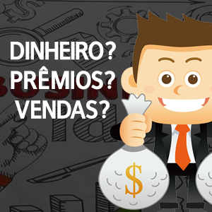 No lado direito, um homem com terno segurando dois sacos de dinheiro, no lado esquerdo, três perguntas: dinheiro? prêmios? vendas?
