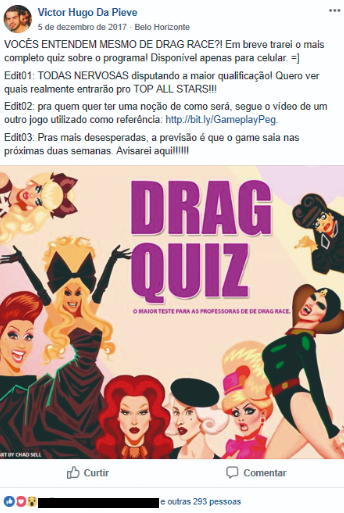 Post no facebook com uma imagem cheia de drags queens do programa Rupaul's Drag Race