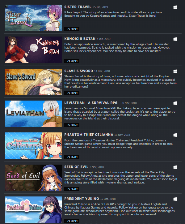 Recorte da página da Kagura Games na Steam mostrando diversos títulos, a maioria com personagens do lado direito e o nome do jogo do lado esquerdo (igual a versão final do Yuki's)