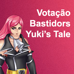 Homem com cabelo rosa do lado esquerdo, fundo em tons de rosa, texto "Votação Yuki's Tale" no canto superior direito