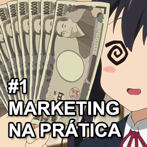 Mão cheia de dinheiro na frente de uma menina que está tonta. Título "#1 Marketing Na Prática" na cor branca e contornado com preto.